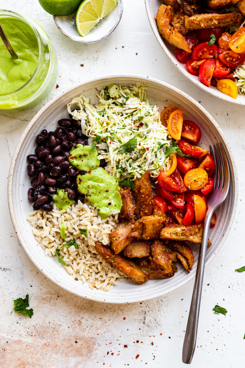 vegan chicken burrito bowl lunch