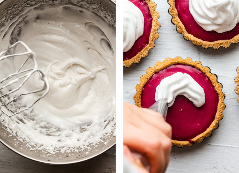 vegan raspberry curd tarts meringue