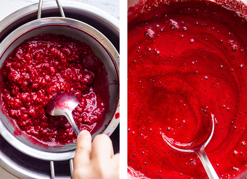 vegan raspberry curd tarts pressing raspberries
