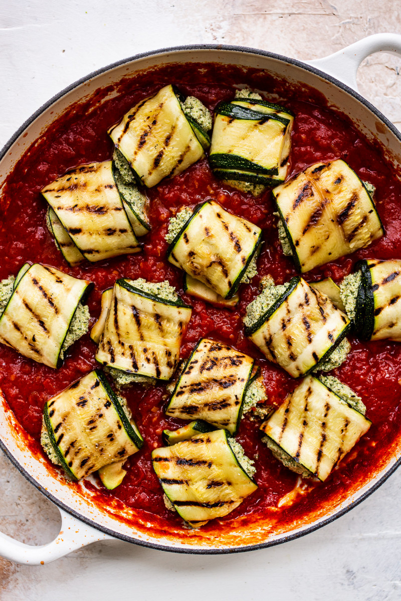 double zucchini involtini before baking pan