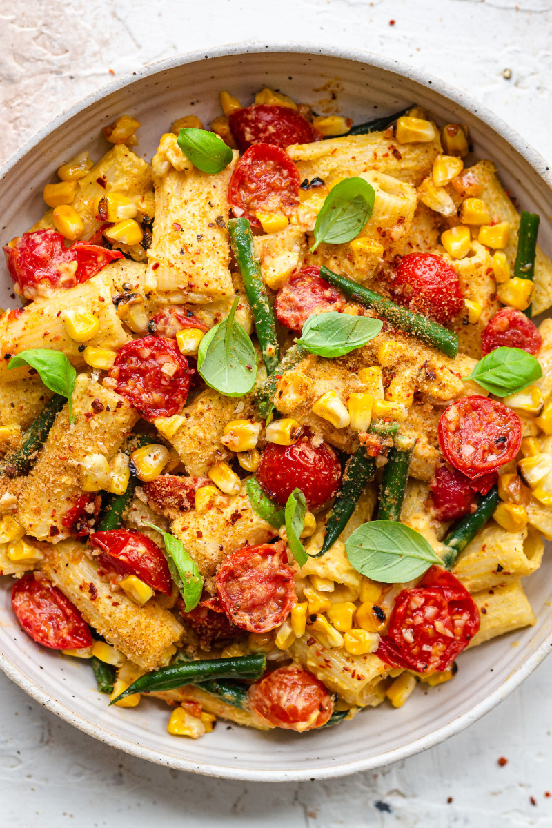 vegan creamy corn pasta plate