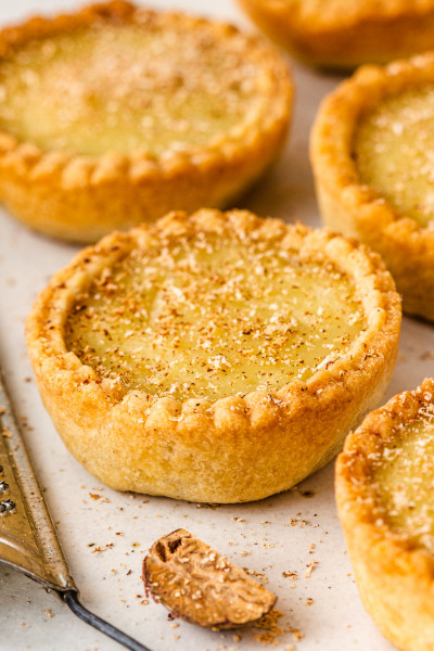 vegan custard tarts nutmeg close up