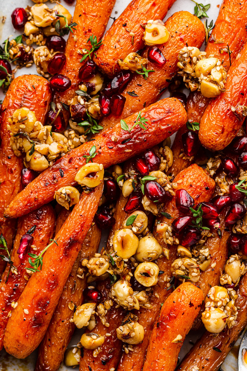 Roasted carrots close up the dukkah brittle
