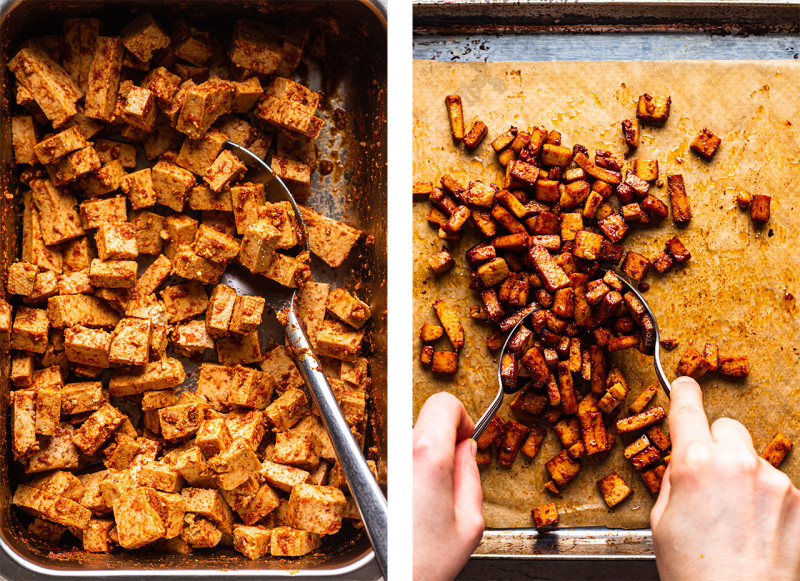 baked gnocchi brussels sprouts bacon bits prep