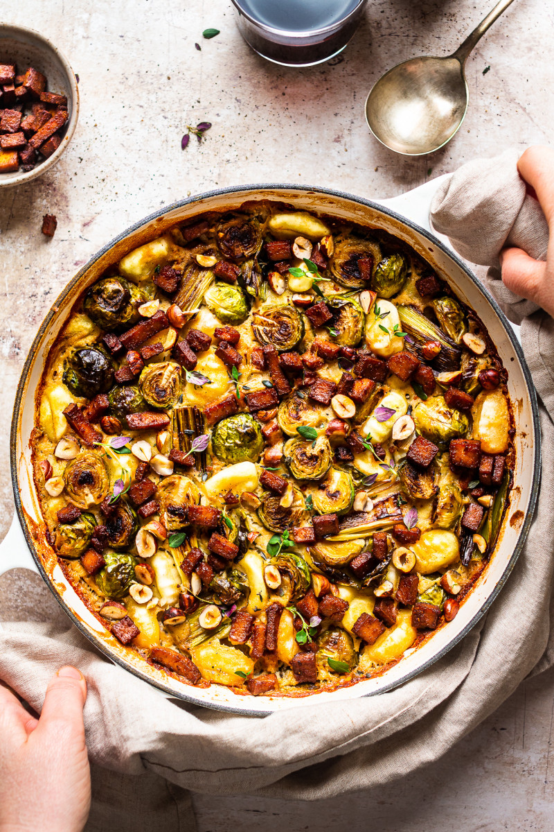 baked gnocchi sprouts leeks dinner