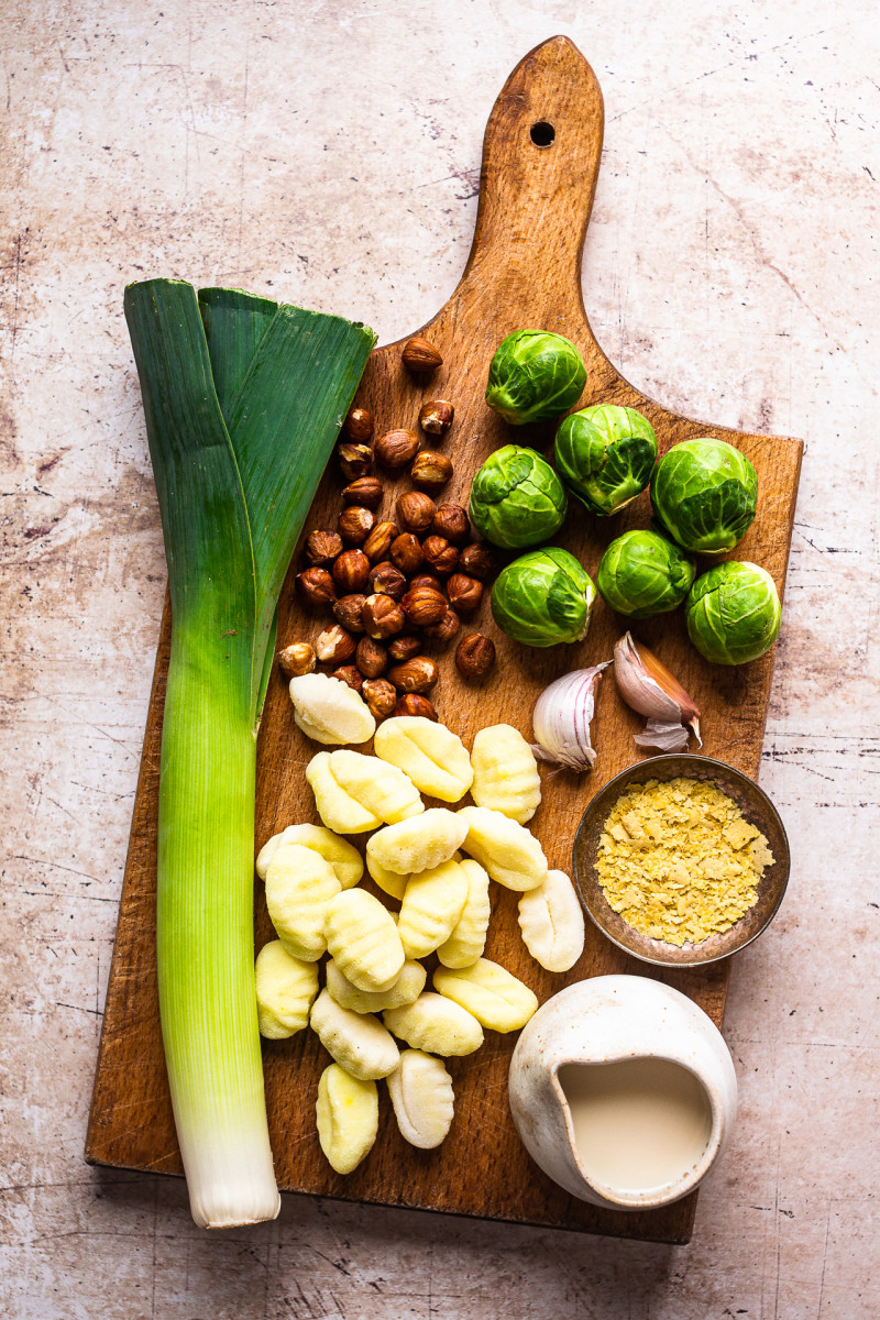 Ingredients for baked gnocchi sprouts leeks