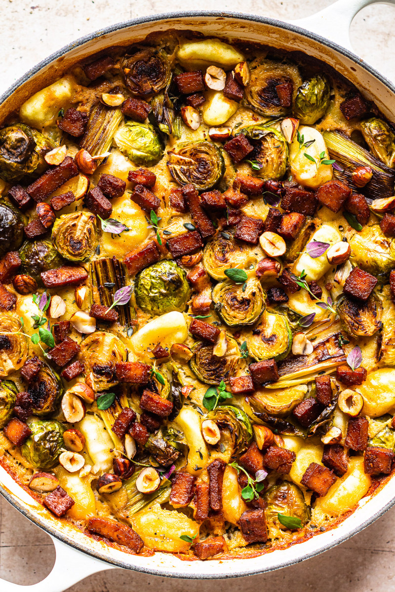 baked gnocchi sprouts leeks macro