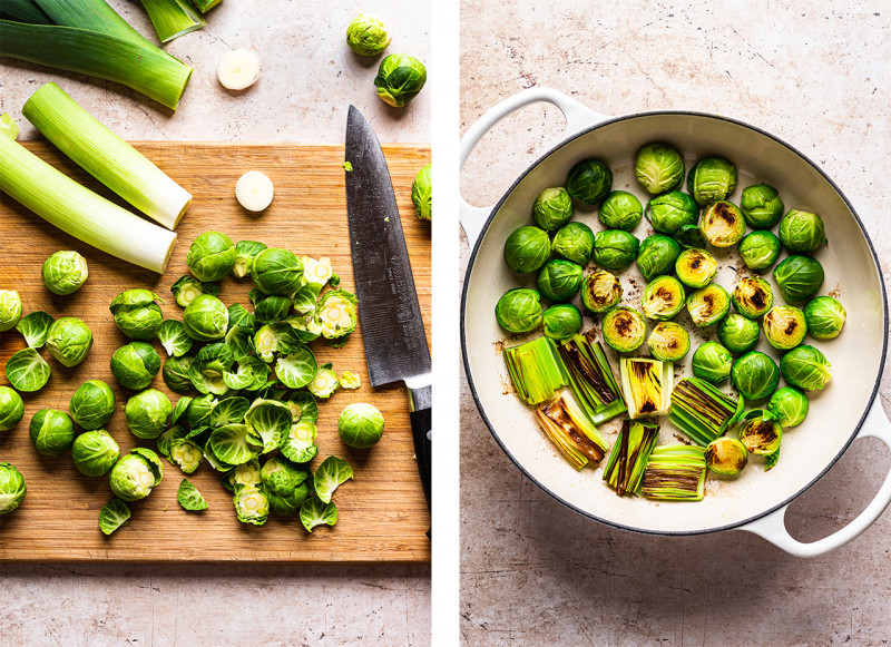 baked gnocchi sprouts leeks prep