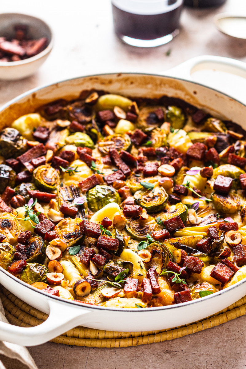 baked gnocchi sprouts leeks side