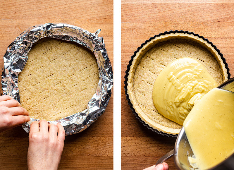 vegan custard tart adding filling