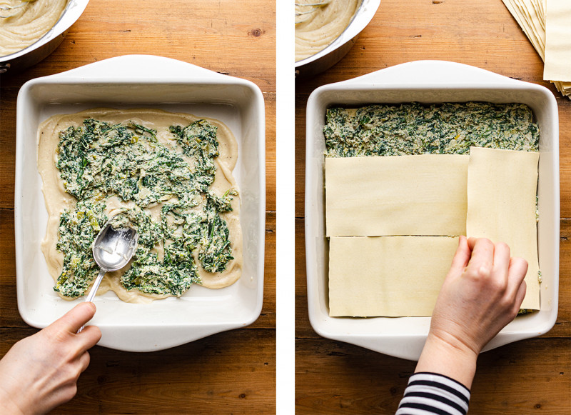 Vegetarian spinach lasagne assembly