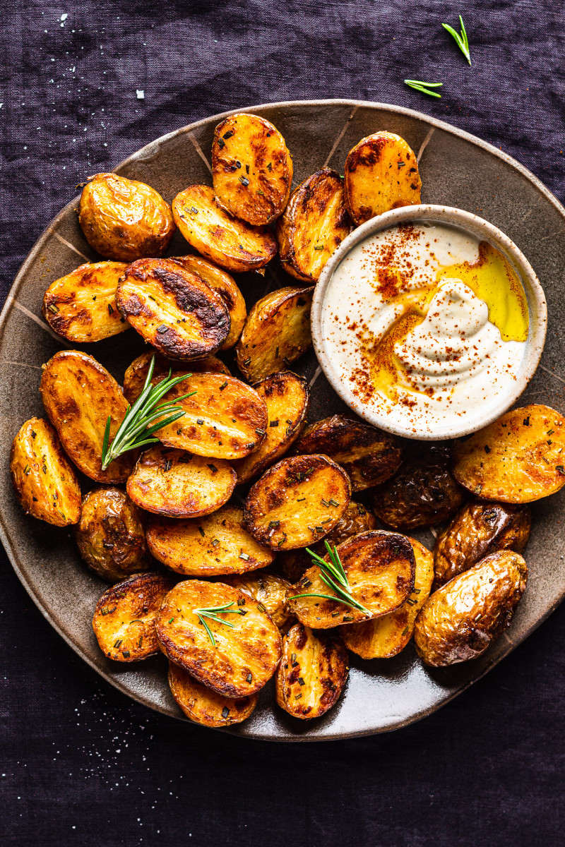 Roasted new potatoes with rosemary garlic dip - Lazy Cat Kitchen