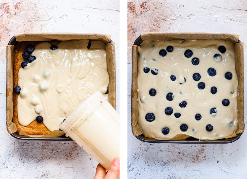 vegan cheesecake bars blueberries before baking