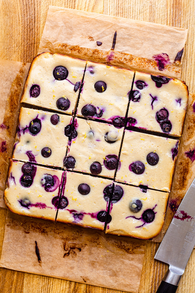 vegan cheesecake bars blueberries cut