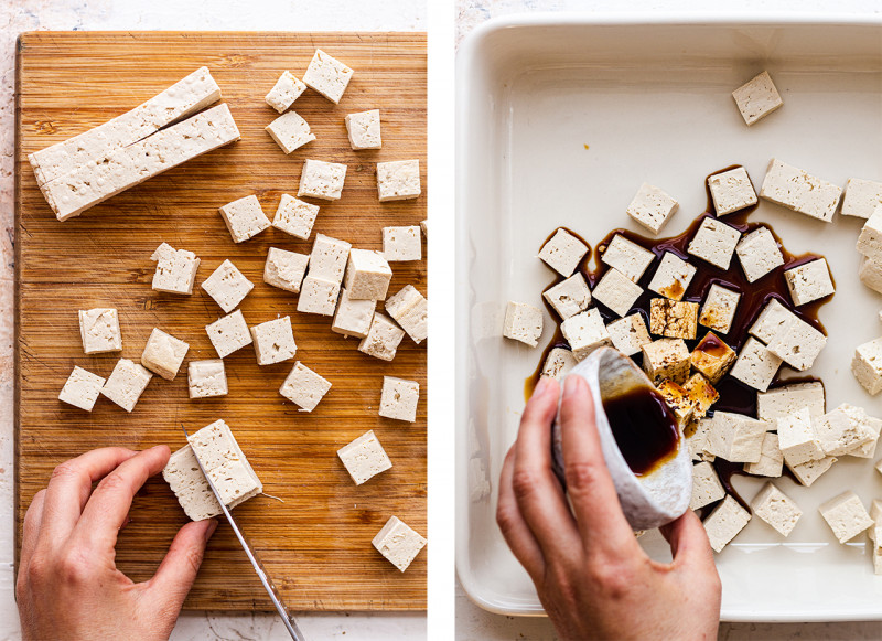 vegan rice bowl tofu prep