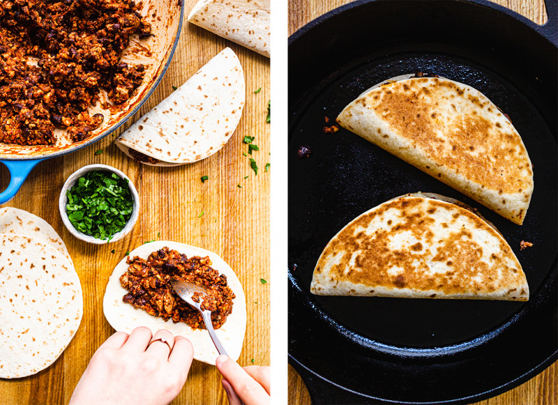 vegan tacos filling and frying