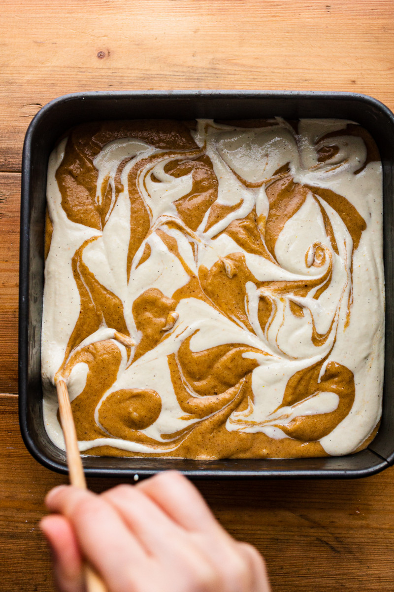 vegan pumpkin cake making swirls