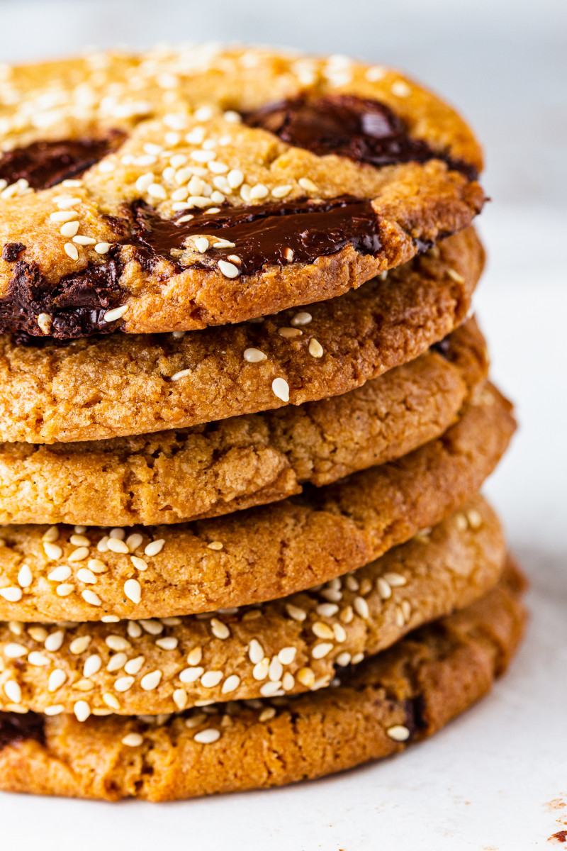 vegan choc chip cookies tahini stack