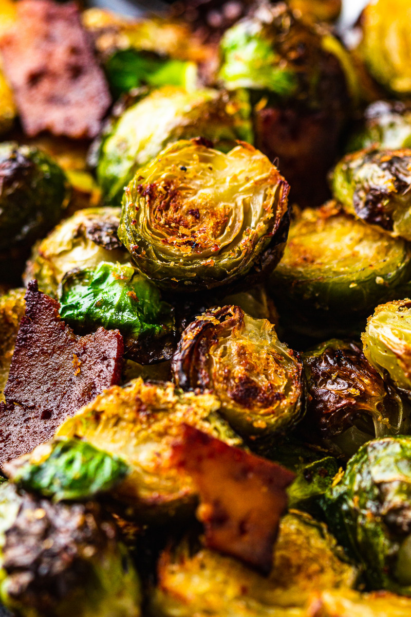 cheesy brussels sprouts vegan bacon close