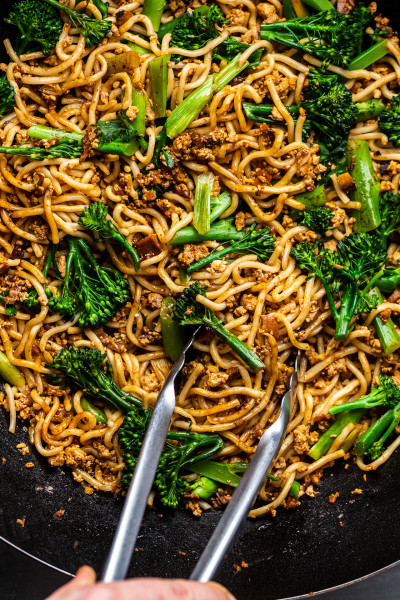 vegan noodles miso mince wok