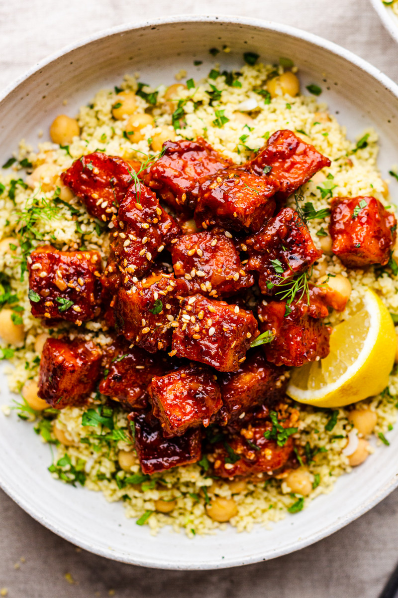 harissa tofu herby couscous top down