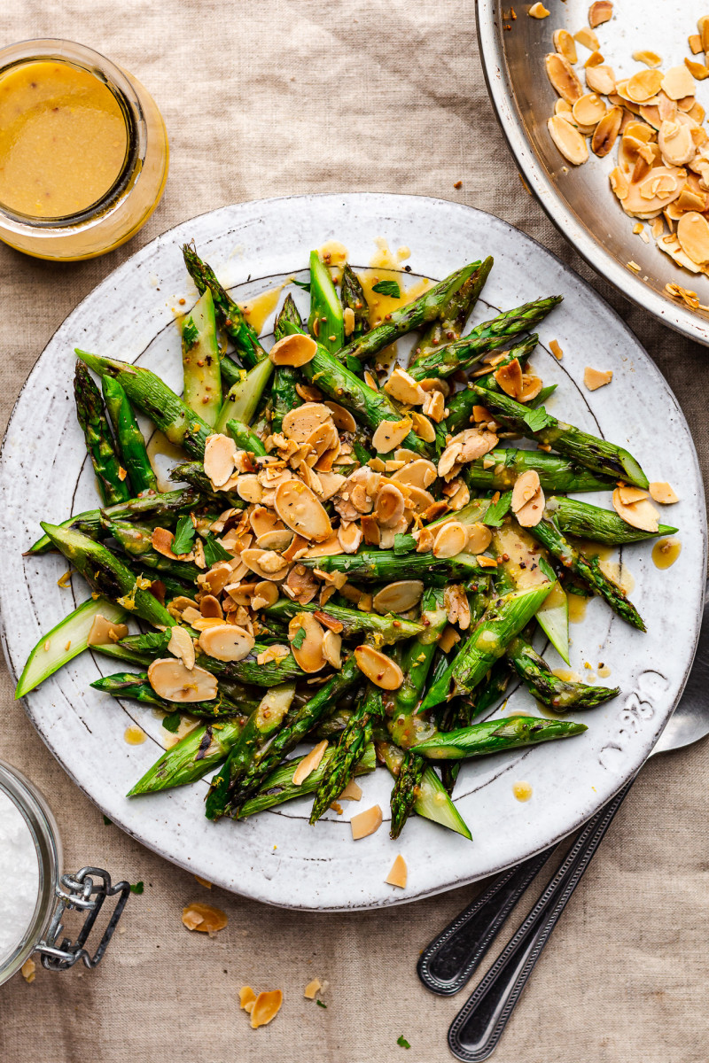 roasted asparagus charred lemon dressing plate