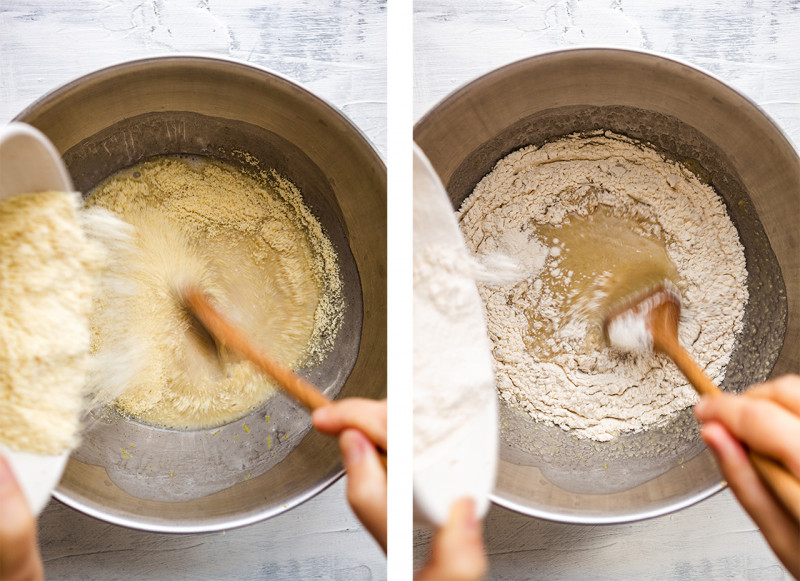 vegan raspberry muffins adding flours