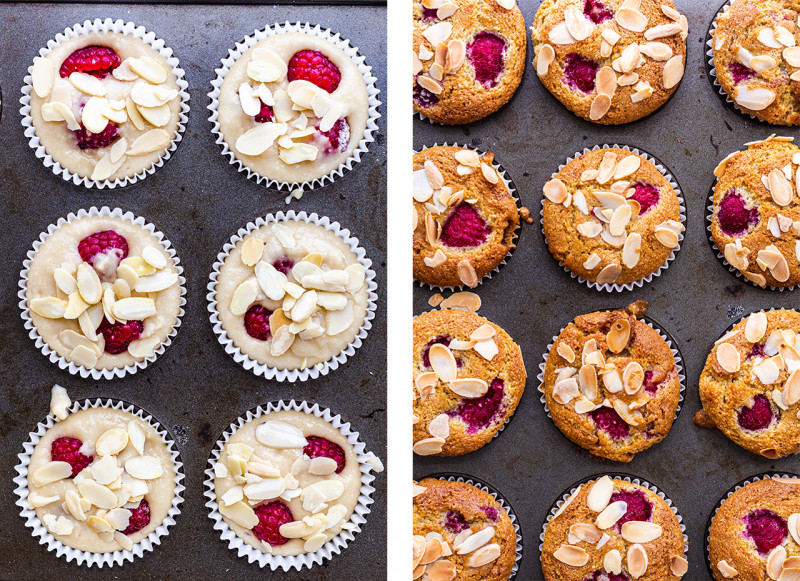 vegan raspberry muffins before after