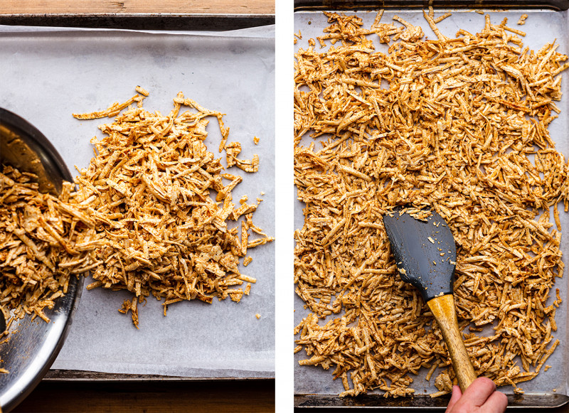 shredded tofu tacos baking