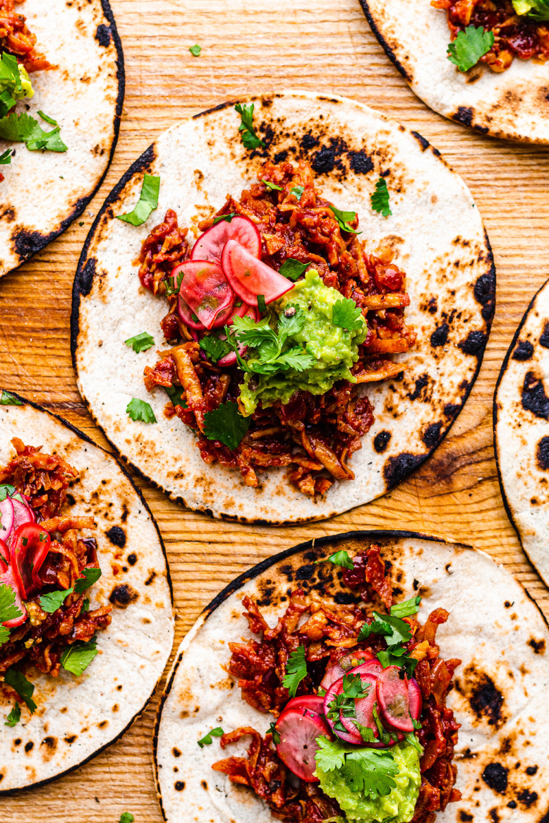 shredded tofu tacos board