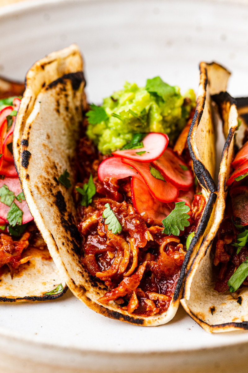 shredded tofu tacos closeup