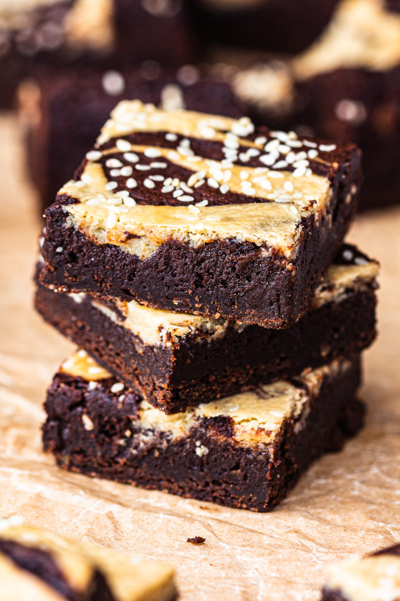 vegan tahini brownies stack