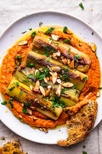 romesco sauce braised leeks bread torn