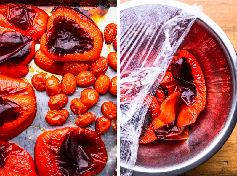 romesco sauce braised leeks peppers prep