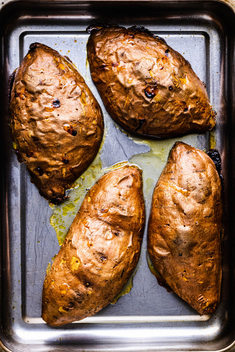 baked sweet potatoes plated tray