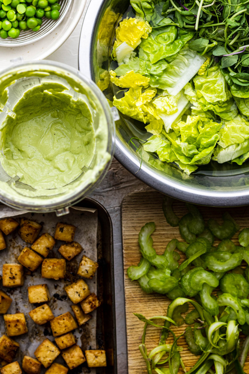 green spring salad lemon tofu assembly