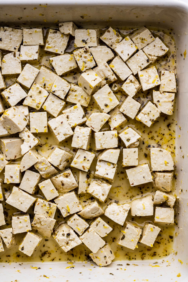 green spring salad lemon tofu marinating