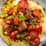 Polenta with tamarind tofu, tomatoes and corn