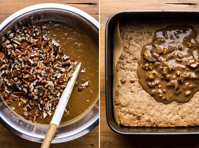 vegan pecan pie bars assembly