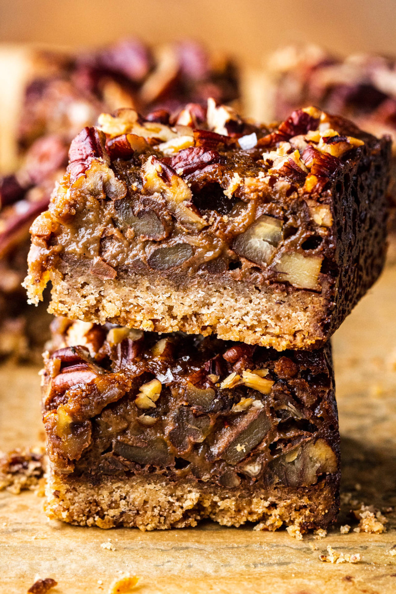 vegan pecan pie bars stack